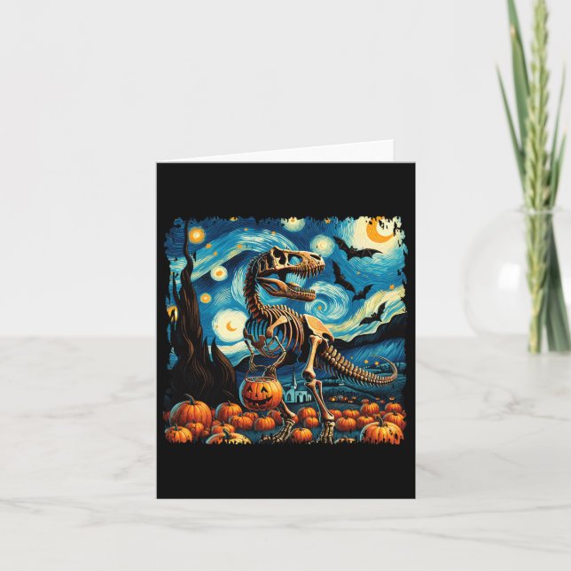 T-rex Skeleton Halloween Van Gogh Starry Night Fal Card (Front)