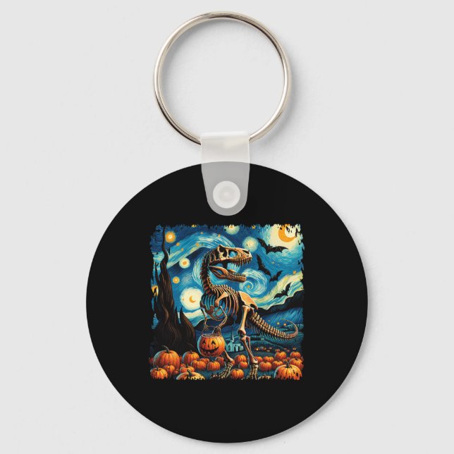 T-rex Skeleton Halloween Van Gogh Starry Night Fal Keychain (Front)