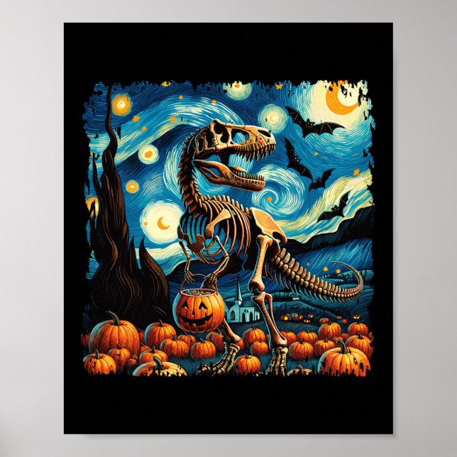 T-rex Skeleton Halloween Van Gogh Starry Night Fal Poster (Front)