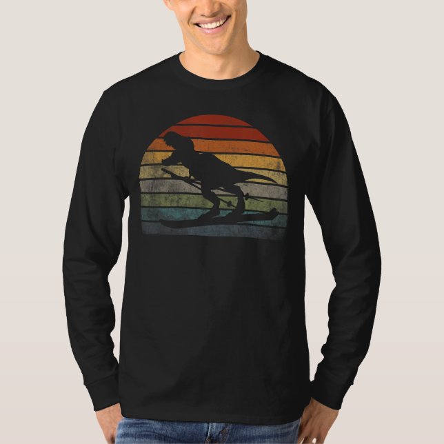 T rex ski character Dinosaur in Scarf Skiing Retro T-Shirt (Front)