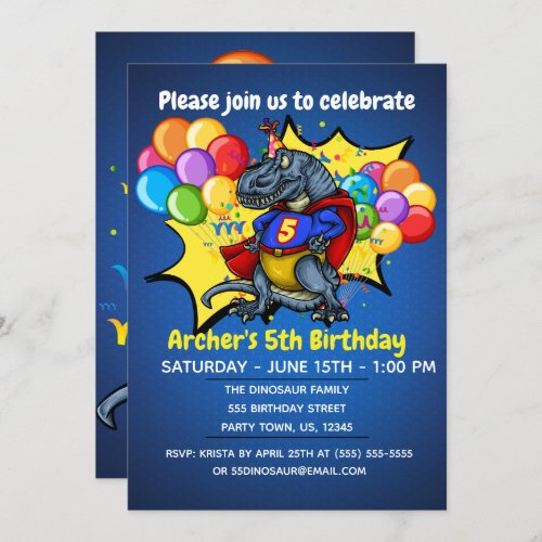 T_Rex Superhero 5th Birthday Invitation