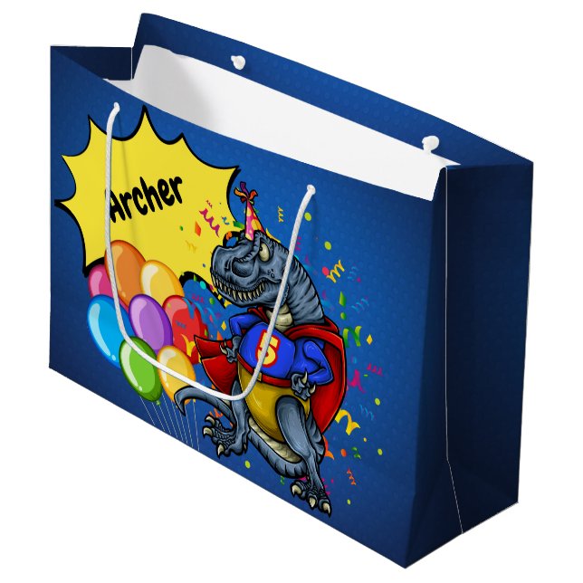 T-Rex Superhero 5th Birthday Large Gift Bag (Front Angled)