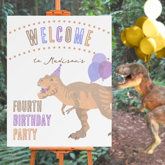 T-Rex Tan Cute Any Age Dinosaur Welcome Sign (This cute dinosaur birthday party welcome sign is easy to personalize)