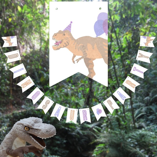 T-Rex Tan Cute Birthday Jurassic Dinosaur Party Bunting Flags (These cute dinosaur party bunting flags will add a little more fun to your dinosaur themed birthday)
