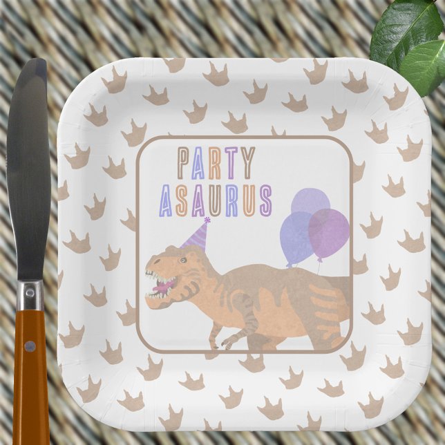 T-Rex Tan Cute Jurassic Dinosaur Birthday Party Paper Plates (These PARTY ASAURUS dinosaur birthday paper plates are great for any age at your dino themed party)