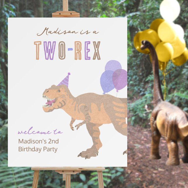 T-Rex Tan Cute Two-Rex Dinosaur Welcome Sign (Easy to personalize for a cute welcome sign for your little two-rex's dinosaur birthday party)