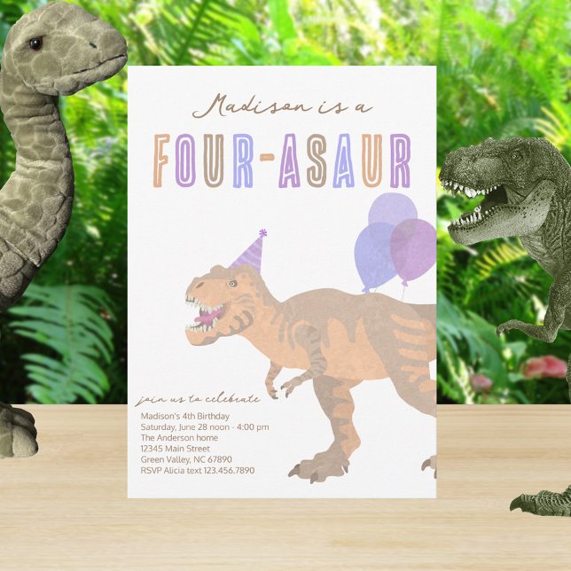 T-Rex Tan Four-Asaur Dino Fourth Birthday Party Invitation (These cute 4th birthday dinosaur invitations are easy to customize)