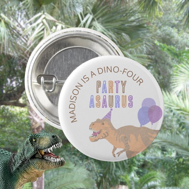 T-Rex Tan Party Asaurus Cute Dinosaur Birthday Button (Dinosaur pin back buttons make cute birthday party favors for your guests)