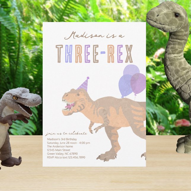 T-Rex Tan Three-Rex Dino Third 3rd Birthday Invitation (Add your child's name to these cute dinosaur birthday invitations for your little three rex)