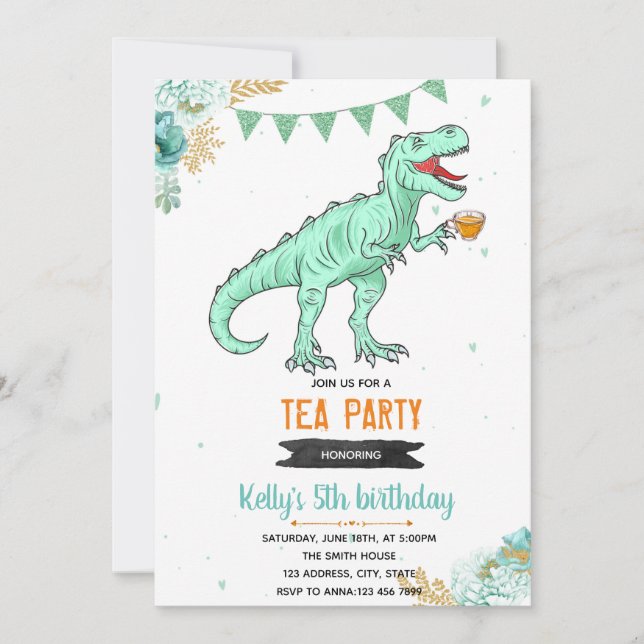 T-rex tea girl party invitation (Front)