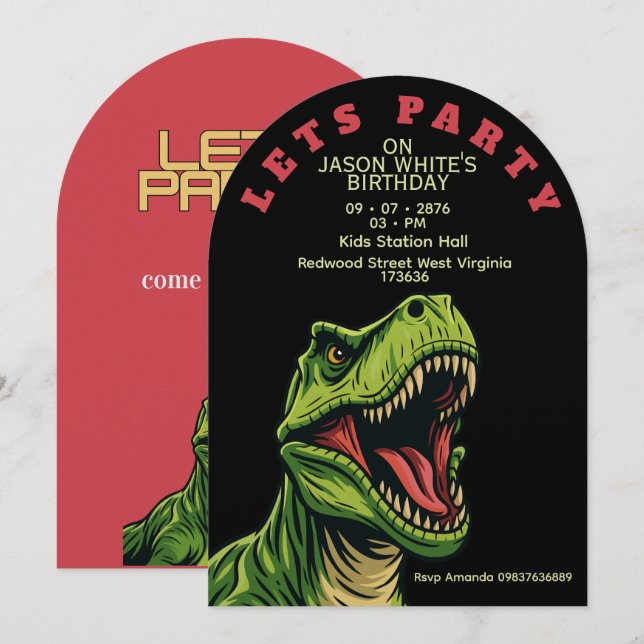 T-Rex Themed Boy Birthday Invitation (Front/Back)