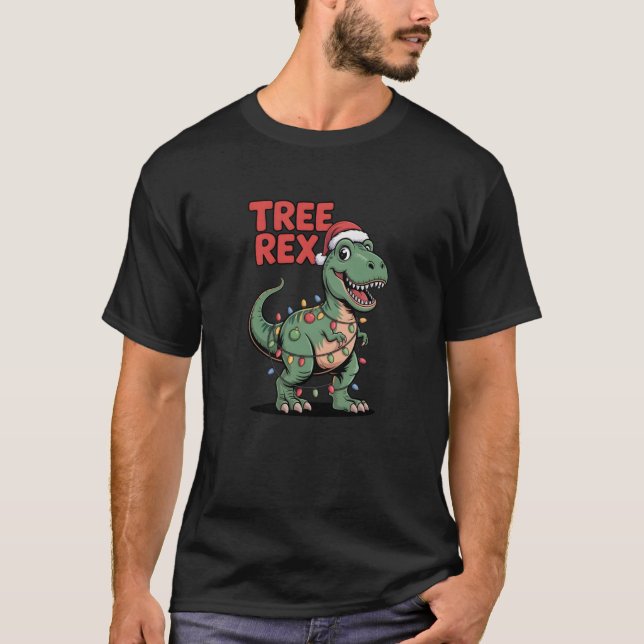 T Rex Tree Rex Dinosaur Christmas Lights Paleontol T-Shirt (Front)