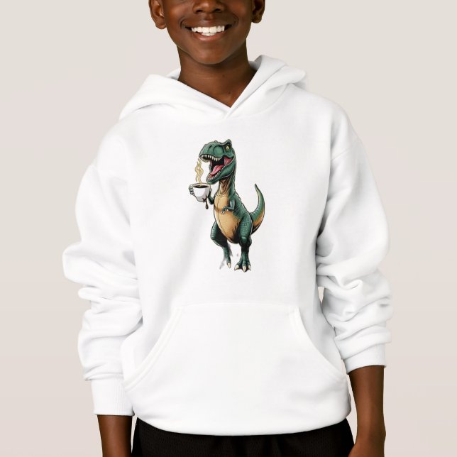 T-Rex trying to grab coffee with tiny arms. Hoodie (Front)