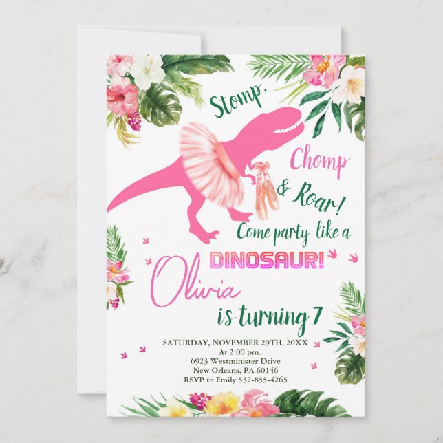 T-Rex Tutus Birthday Invite, Blush Pink Tutus Invitation (Front)