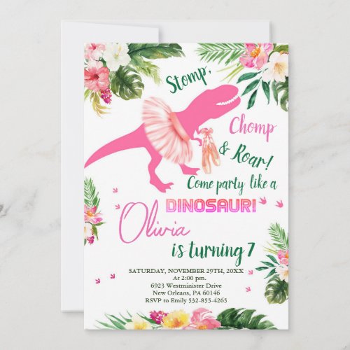 T_Rex Tutus Birthday Invite Blush Pink Tutus Invitation