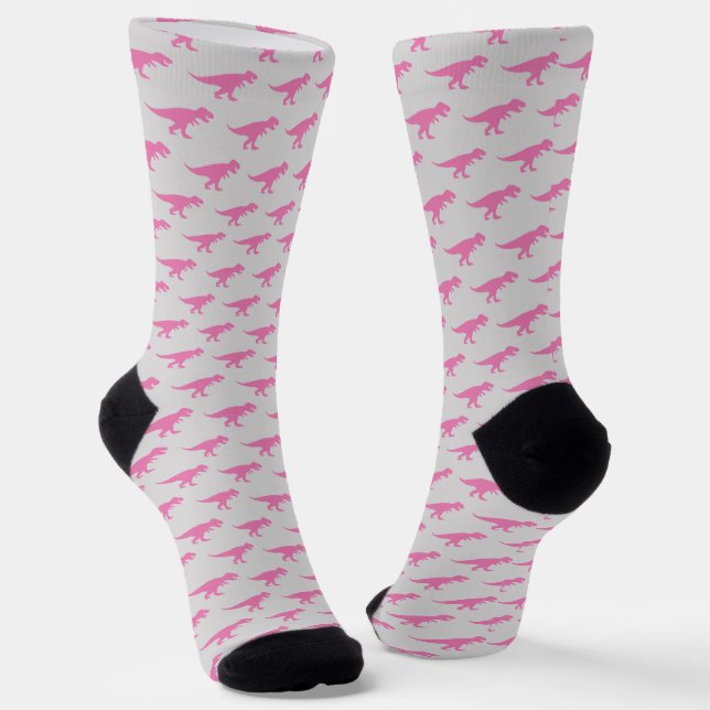 T-Rex Tyranosaurus King Dinosaur Classic Pink Grey Socks (Angled)
