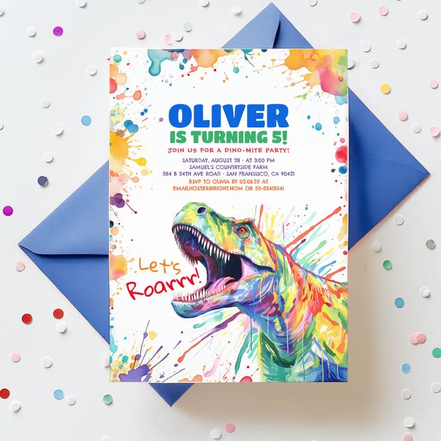 T-Rex Tyronasaurus Dinosaur Colorful Birthday Invitation (Let's Roar Dinosaur Birthday Invitation for Kids)
