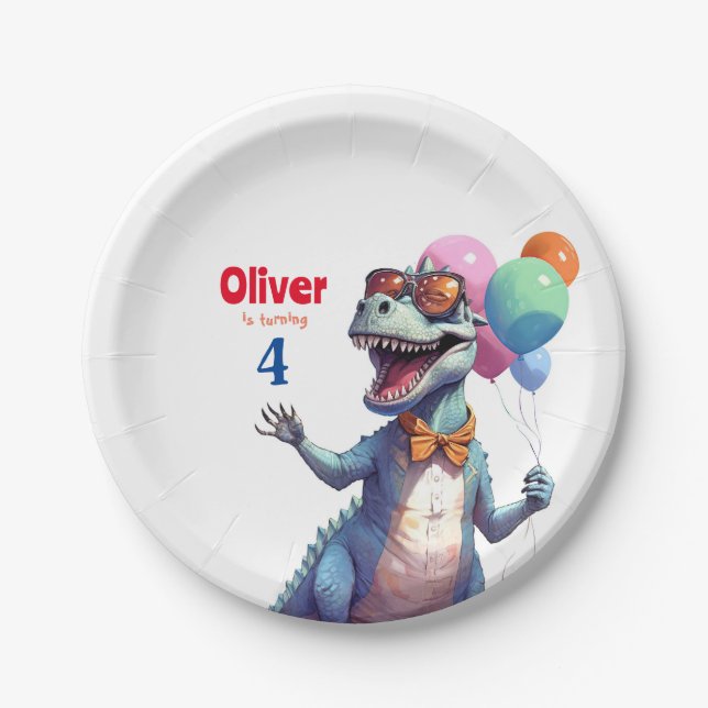 T-Rex Tyronasaurus Dinosaur Colorful Birthday Paper Plates (Front)