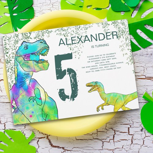 T_Rex Velociraptor Dinosaur 5th Birthday Party Invitation