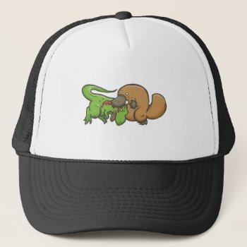 T-rex Vs Platypus Trucker Hat by UpsideDesigns at Zazzle