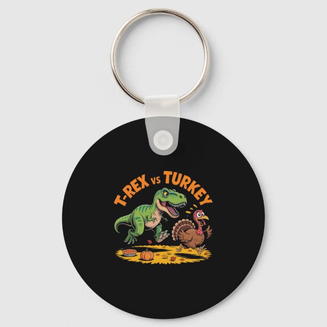 T-rex Vs Turkey Funny Thanksgiving Dinosaur Design Keychain (Front)