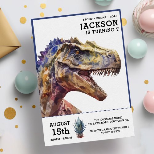 T_Rex Watercolor Dinosaur Kids Birthday Party Invitation