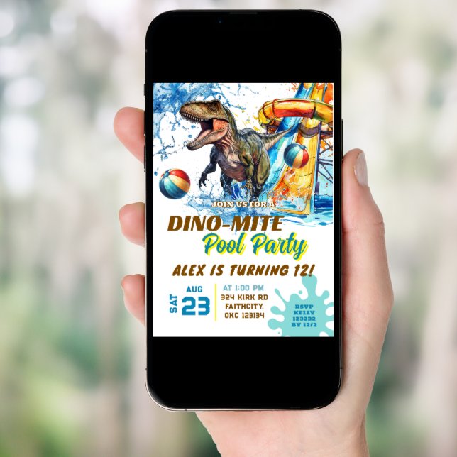 T-Rex Waterslide Pool Party Birthday Invitation (Front Digital)