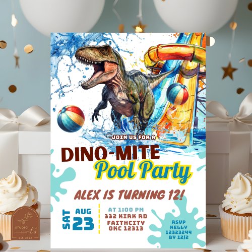 T-Rex Waterslide Pool Party Birthday Invitation