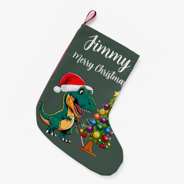 T-rex wearing santa hat billiard green small christmas stocking (Front (Hanging))