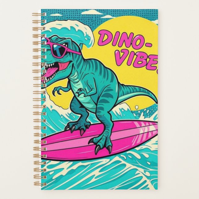 T-Rex wearing sunglasses and riding a neon pink Planner (Front)