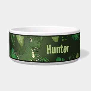 T-rex With Green Tropical Plants And Custom Name Bowl