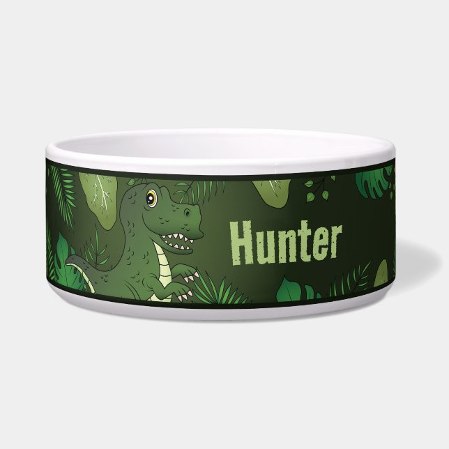 T-rex With Green Tropical Plants And Custom Name Bowl (Front)
