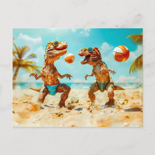 T-Rexes Playing Ball on Beach Holiday Postcard (Front)