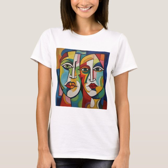 T-shirt abstract design, cubism, colorful faces (Front)