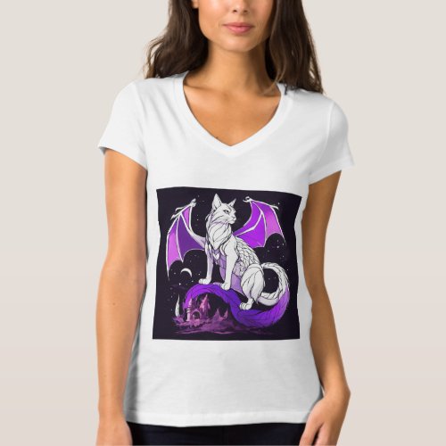 T_Shirt Black White purple Dragon Cat with wings 