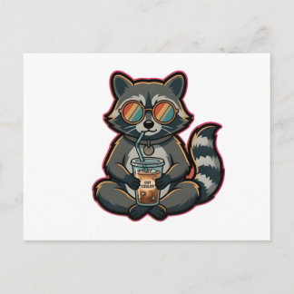 T-Shirt Cool Raccoon Drinking Oat Milk Iced Coffee Holiday Postcard