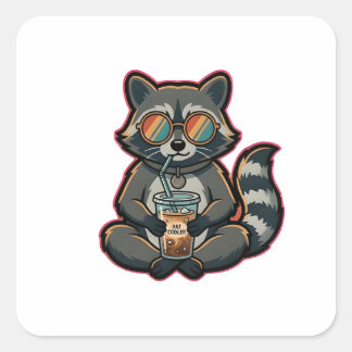 T-Shirt Cool Raccoon Drinking Oat Milk Iced Coffee Square Sticker