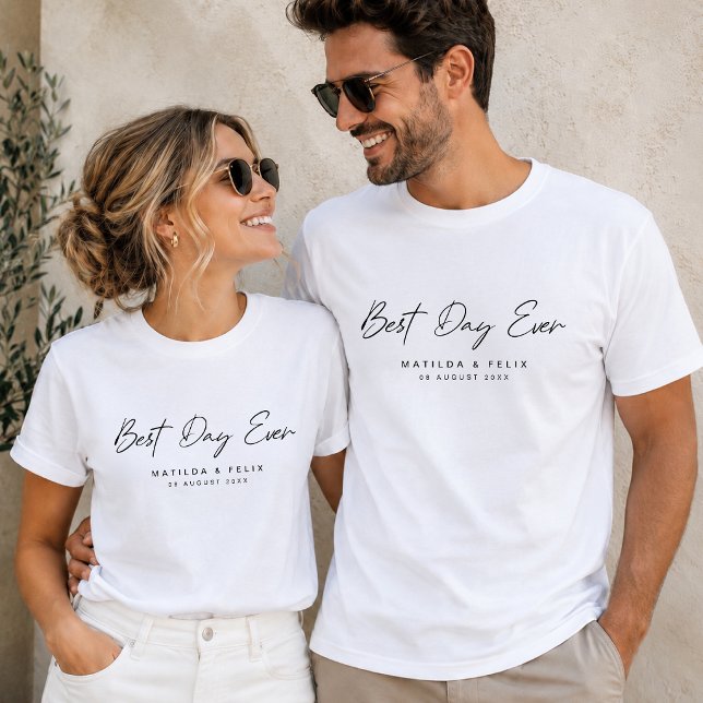 T-Shirt | Custom Best Day Ever Wedding Couple Shir (Custom Best Day Ever wedding T-shirts with names and date for matching couple outfits)