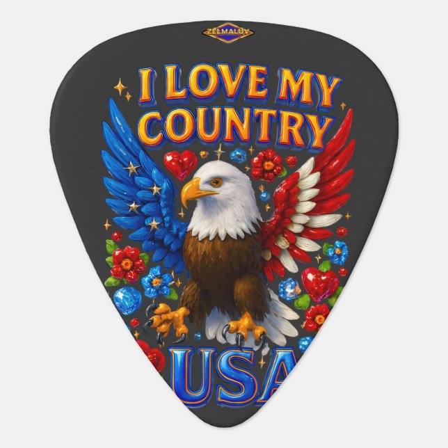 T-Shirt Design: I Love My Country - USA Guitar Pick (Front)