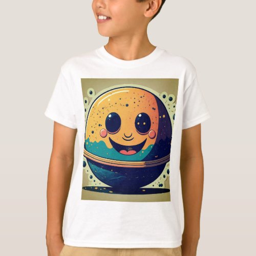 T shirt for kids quirky sticker Saturn smiles 