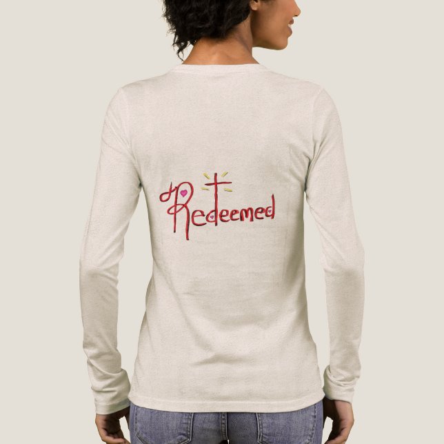 T Shirt ‘Redeemed’ Hand Drawn Text Cross Hearts (Back)