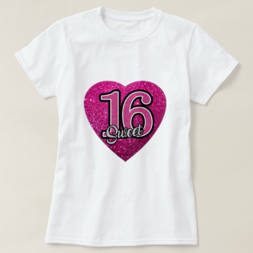 T_Shirt S M L XL Pink Heart Glitter Girls Sweet 16