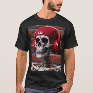 T SHIRT skeleton wearing an red baseball cap