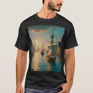 T-shirt tall Ships on the river at sunset design 