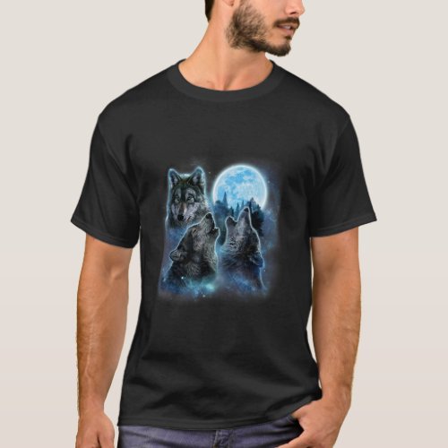 T_Shirt Three Wolves Howling Under Icy Full Moon