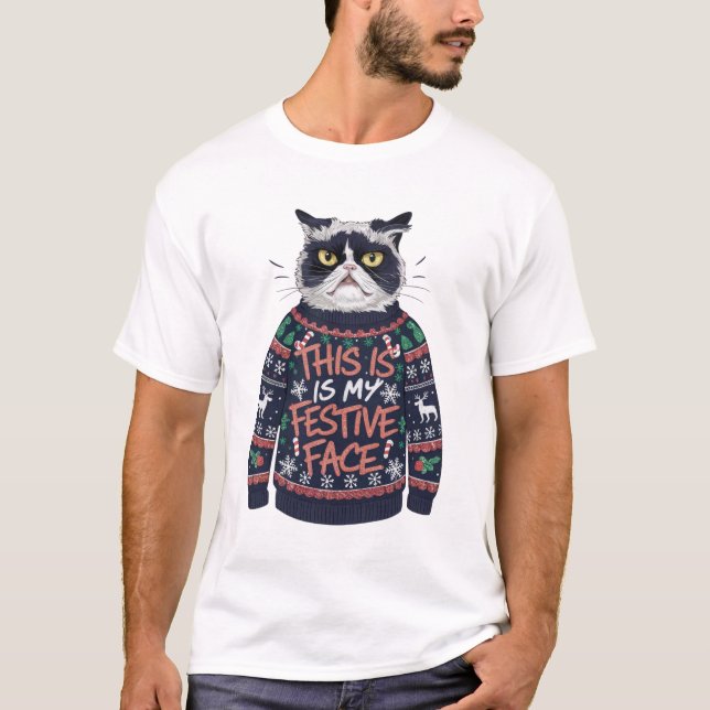 T-Shirt Ugly Christmas Sweater Cat (Front)