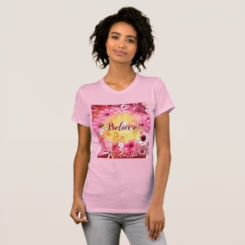 T_Shirt Whimsical Floral Abstract Believe Pink Red