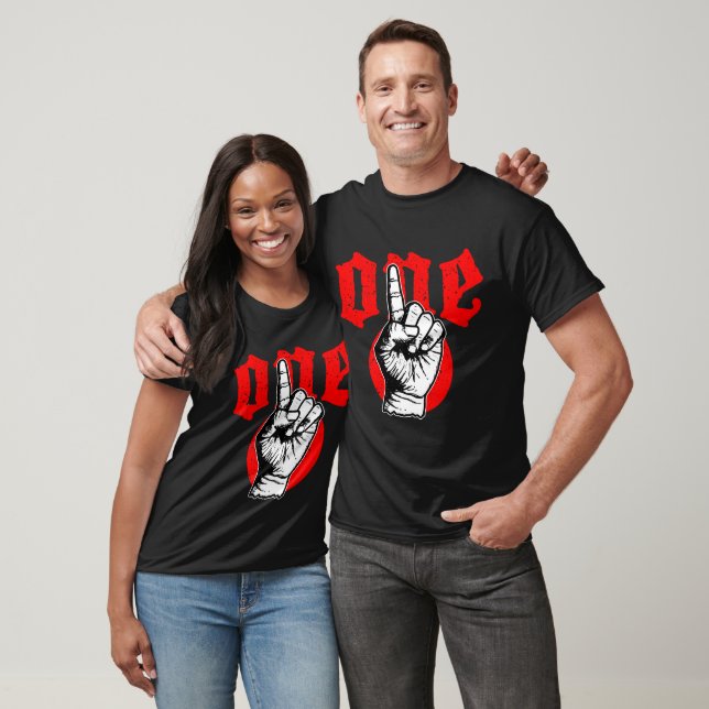 t-shirt with a pointing hand and the word one (Unisex)