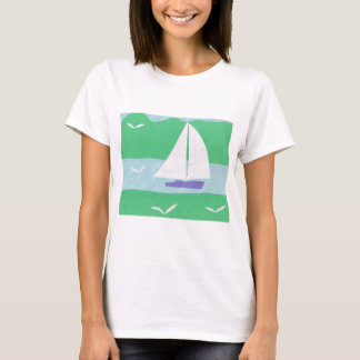 T-Shirt with a Sailboat and Mountain Design