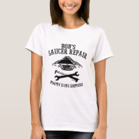T-shirt with black "Bob's Saucer Repair" logo